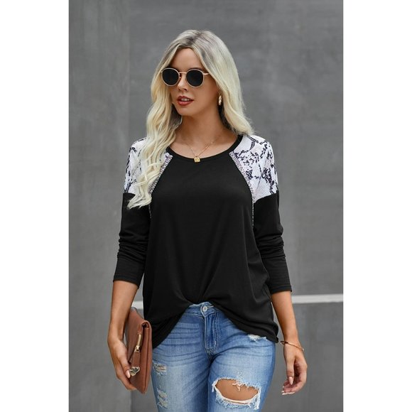 New Round Neck Long Sleeve Color Block Top w/Leopard Accents - Picture 2 of 5